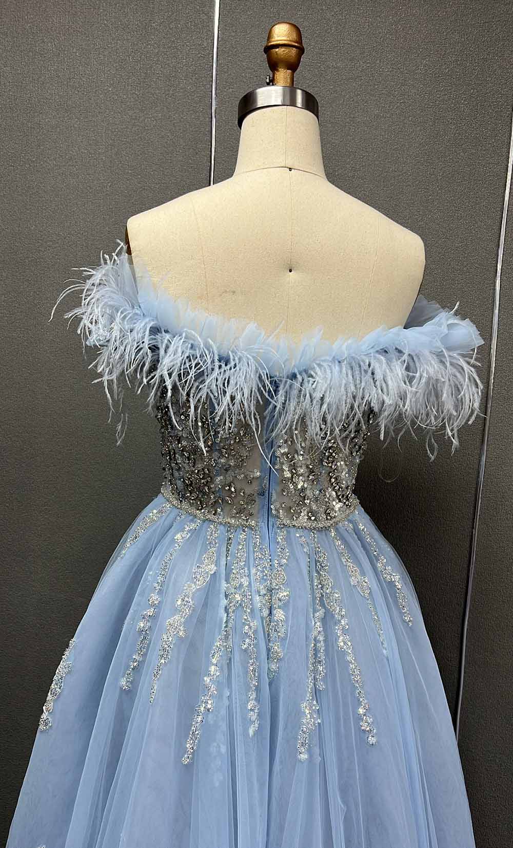 YQLNNE 0124 Blue Feathers Evening Dress Long Handmade Diamonds Formal Gown