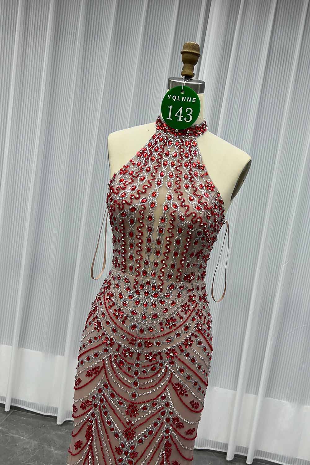 YQLNNE 0143 Red Crystals Beaded Evening Dress Halter Lace-up Back