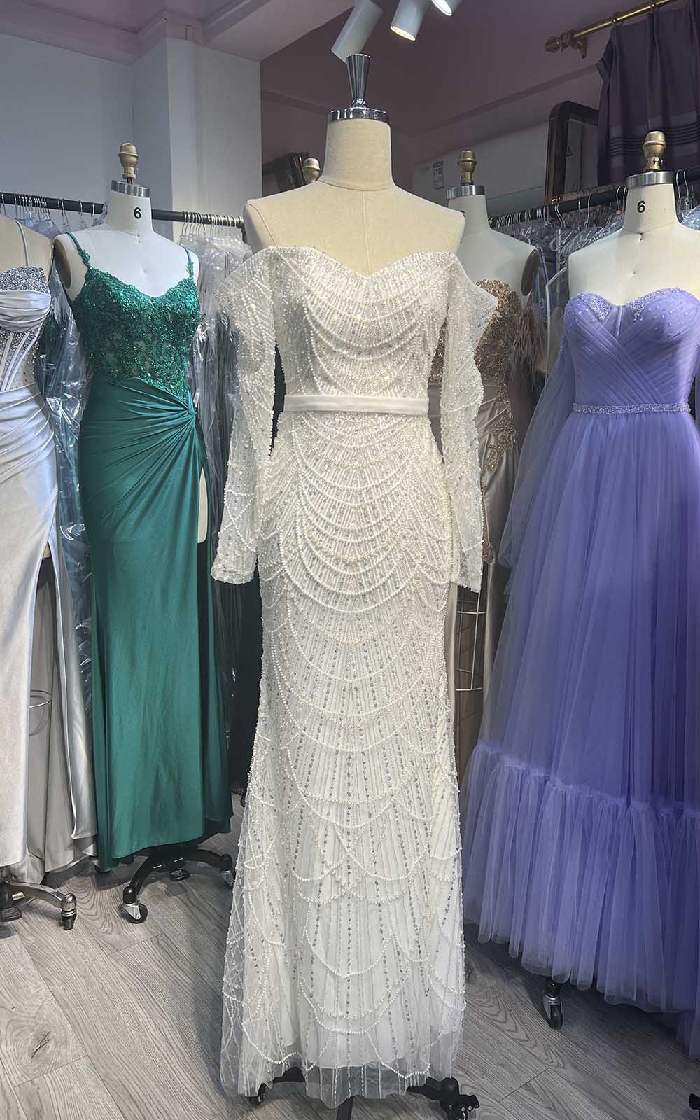 YQLNNE 077 Nude Long Sleeves Pearls Beading Evening Dress Off Shoulder