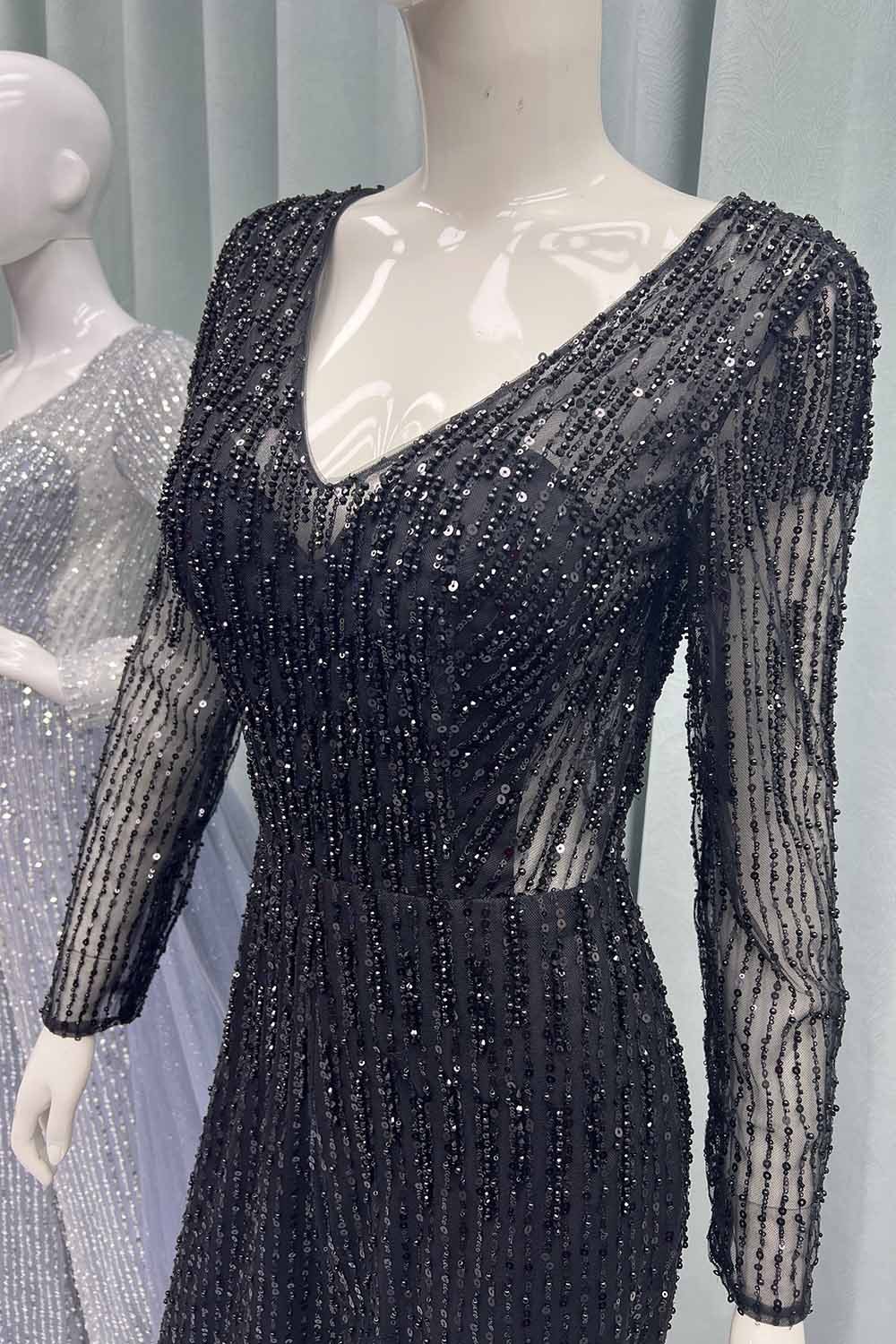 Black Full Sleeves Jumpsuit Beading Evening Party Gown With Removable Train