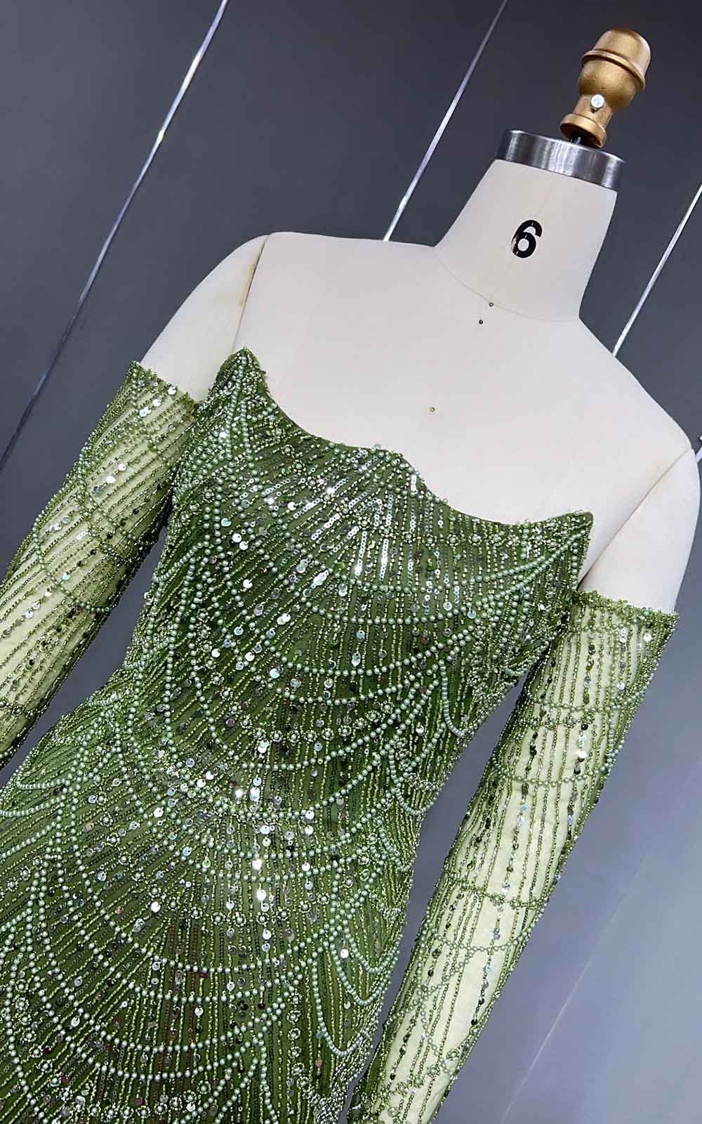 YQLNNE 076 Greenery Beading Evening Dress Mermaid Formal Gown With Gloves