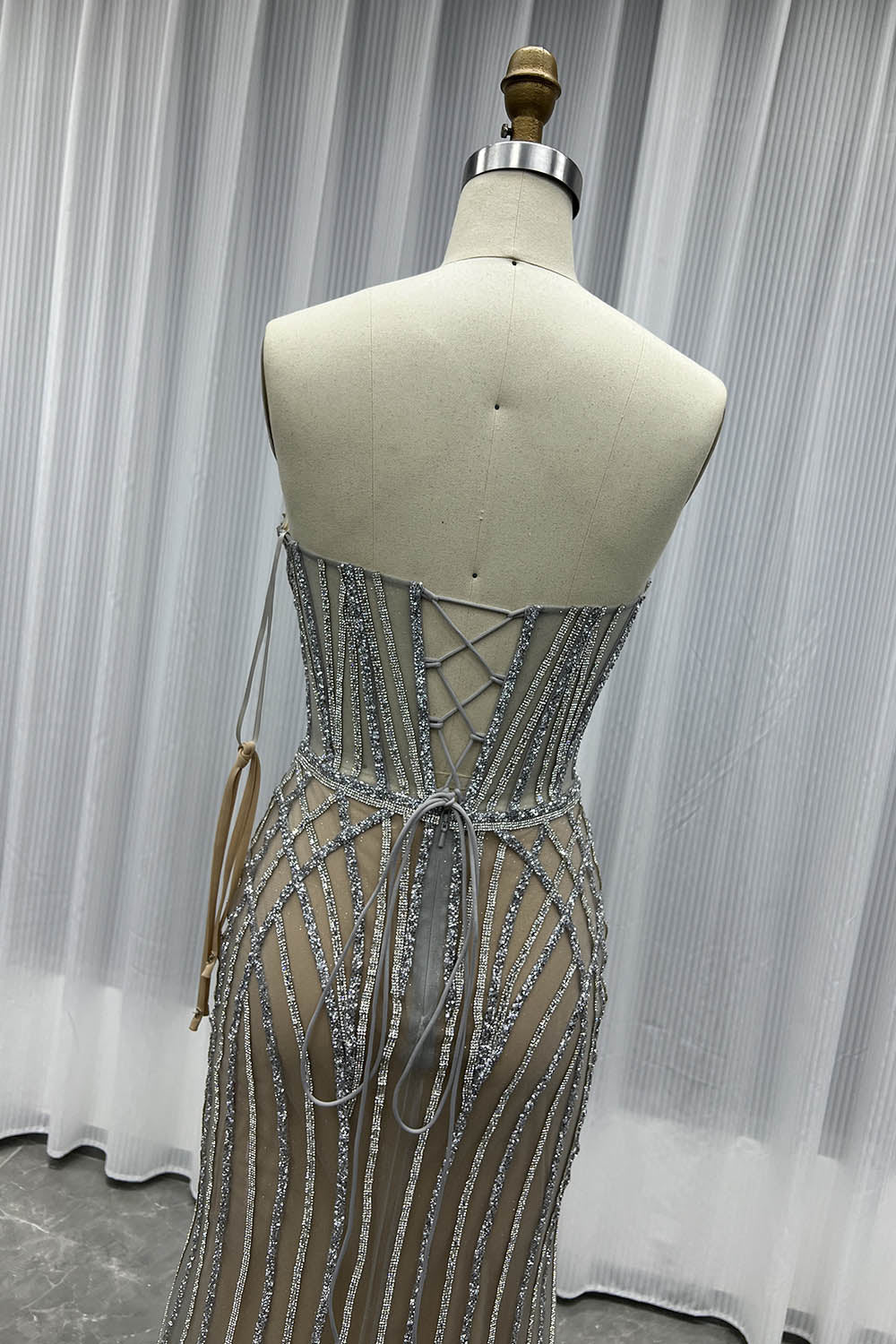YQLNNE 023 Black Strapless Crystals Prom Dress Long Lace-up Evening Gown
