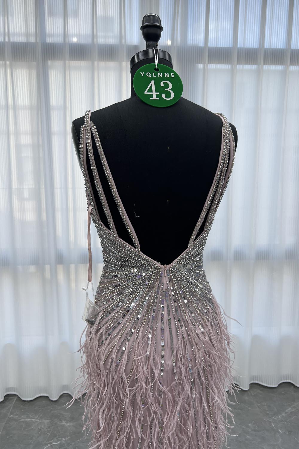 YQLNNE 043 Beige Feathers Long Crystals Evening Dress With Slit