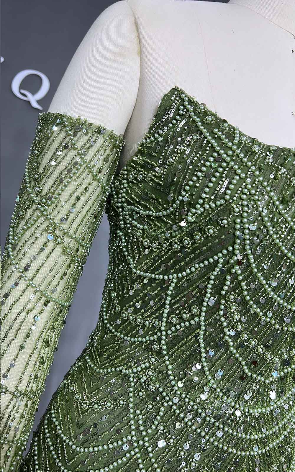 YQLNNE 076 Greenery Beading Evening Dress Mermaid Formal Gown With Gloves