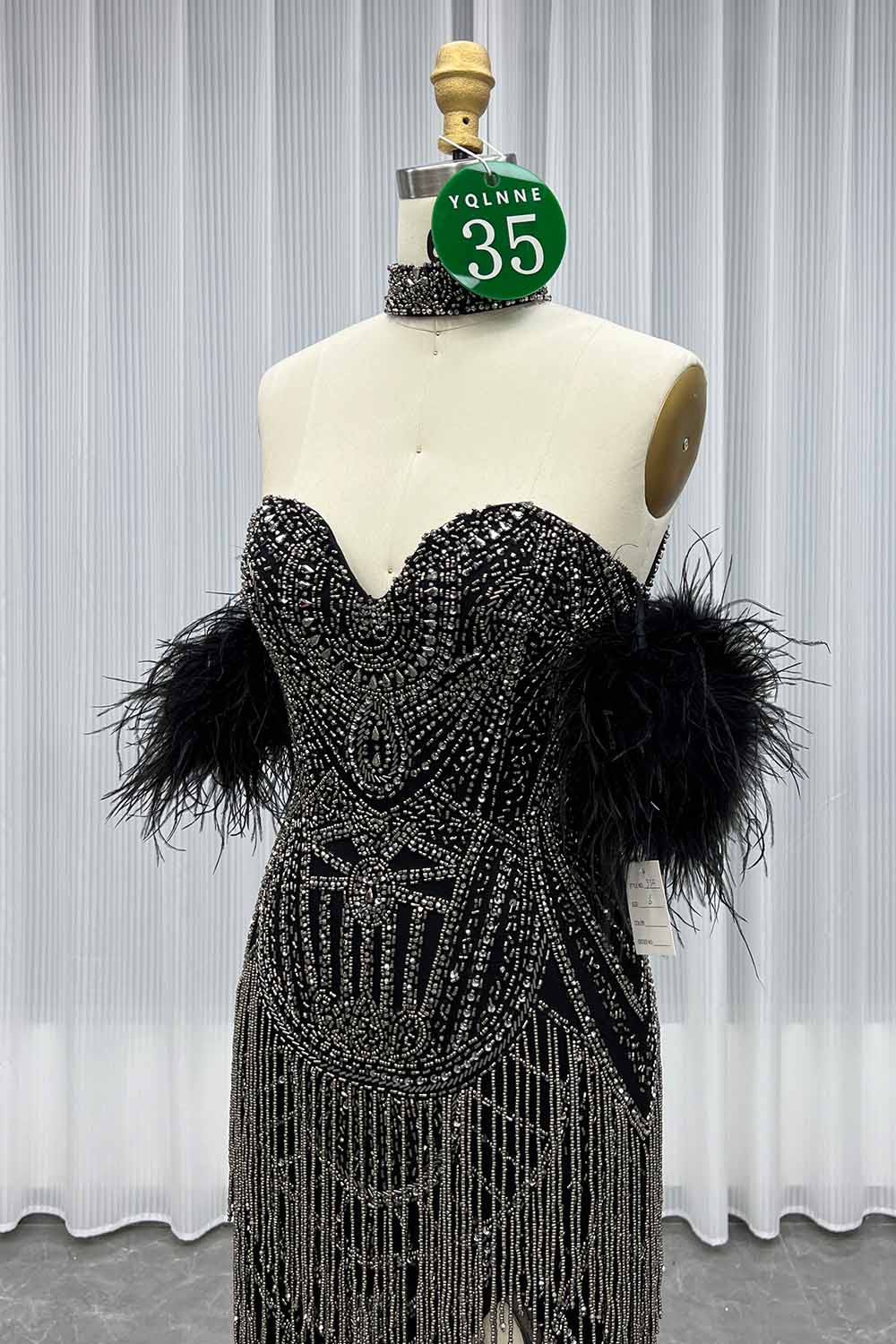 YQLNNE 035 Burgundy Feathers Slit Evening Dress With Handmade Crystals Beaded