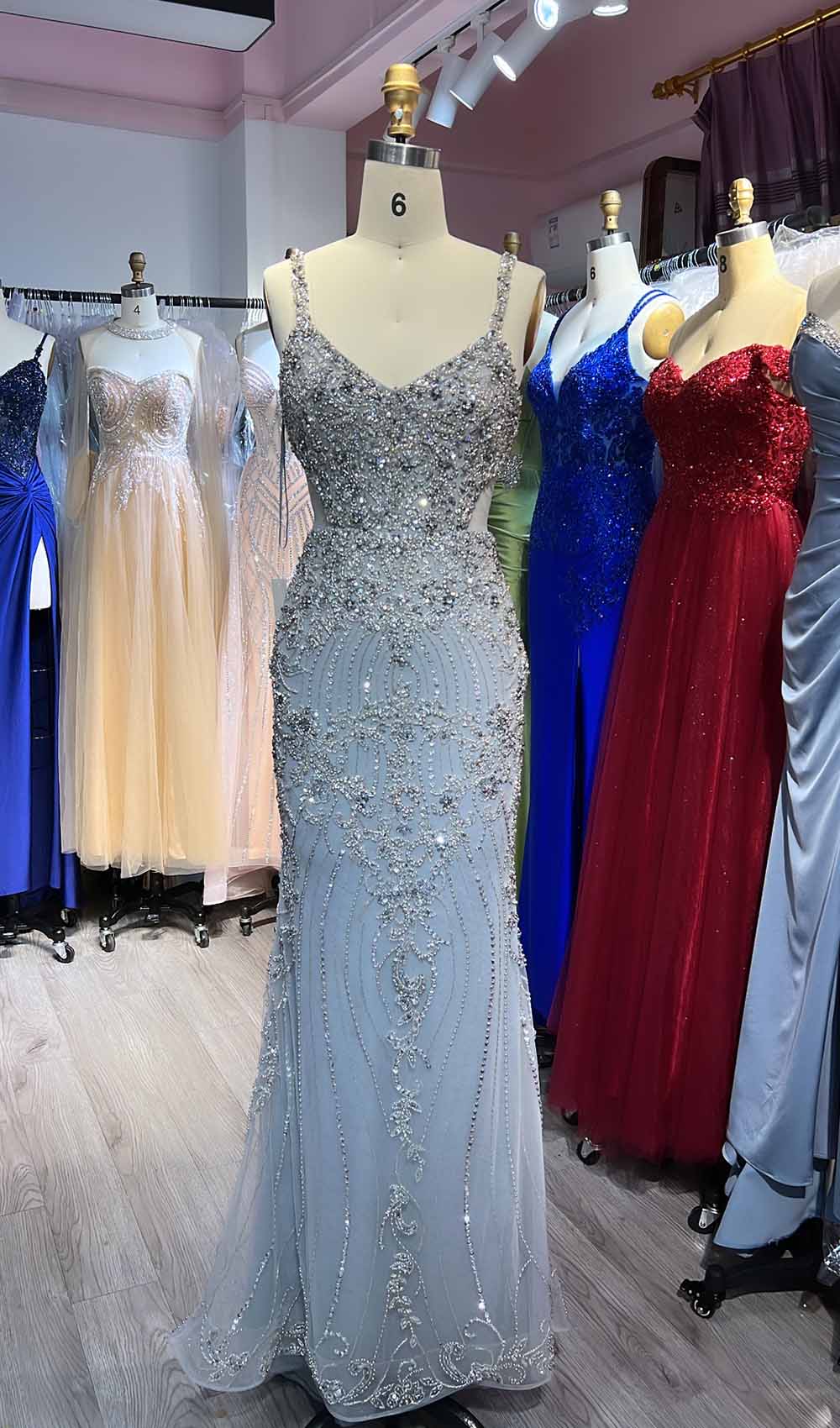 YQLNNE 063 Silver Crystals Beaded Mermaid Evening Dress Long Party Gown