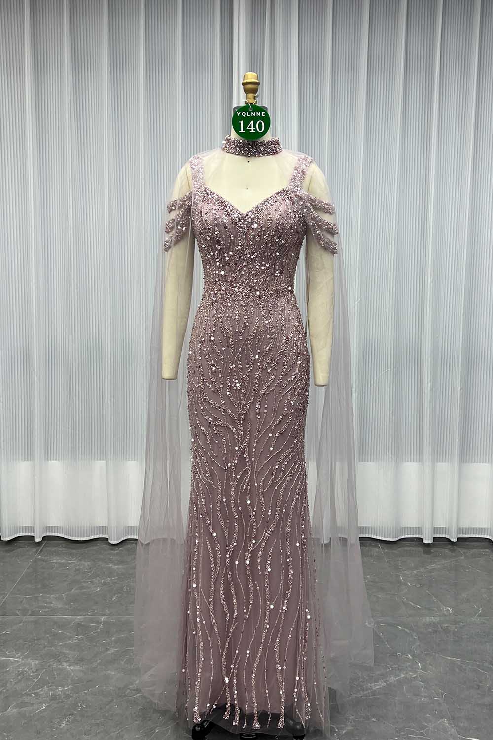 YQLNNE 0140 Nude Off Shoulder Crystals Beaded Evening Dress With Removable Shawl