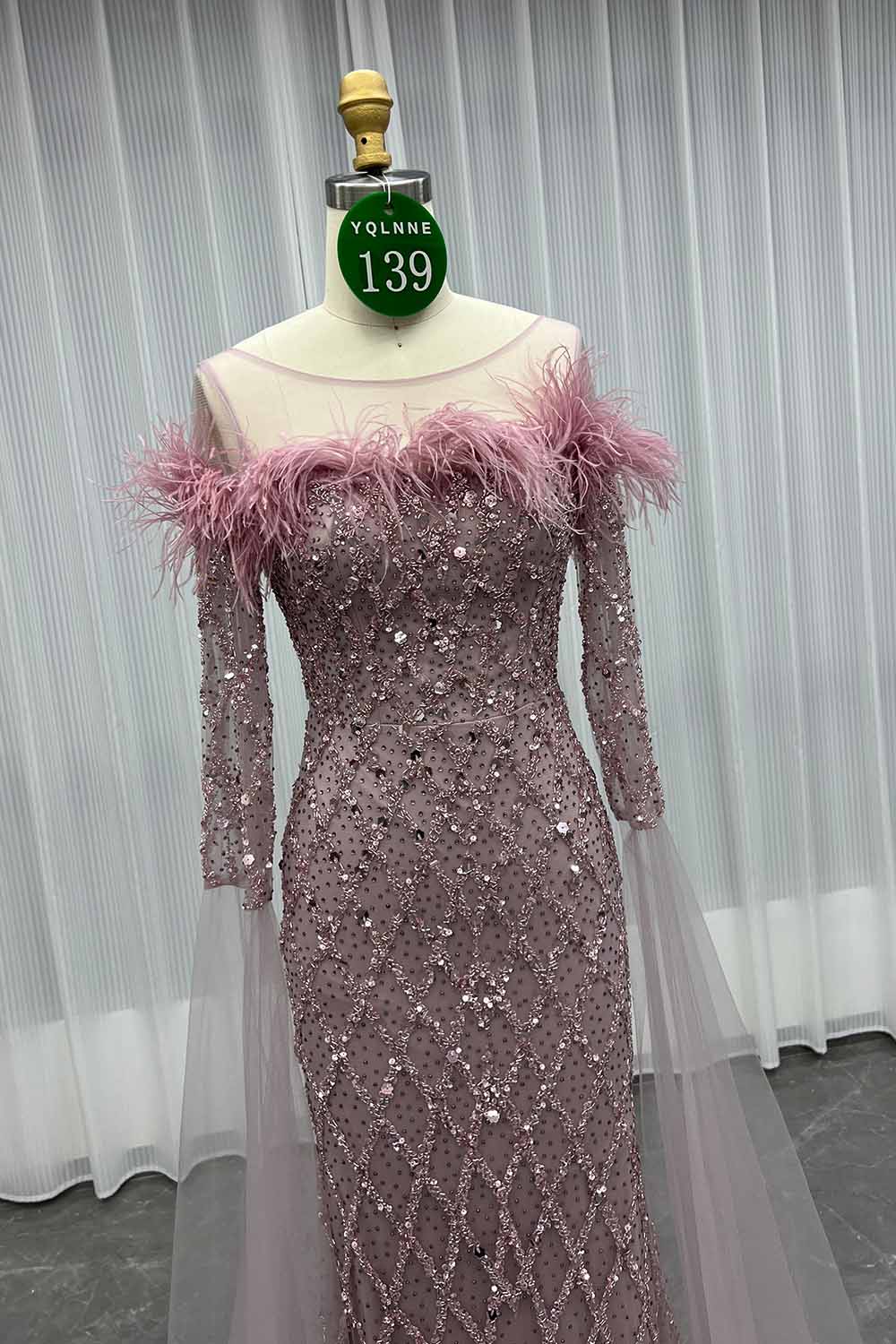 YQLNNE 0139 Nude Feathers Beaded Evening Dress With Sleeves