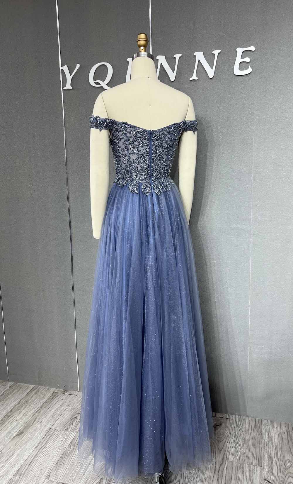 YQLNNE 101 Navy Blue Beading Long Prom Dress Off the Shoulder Party Gown