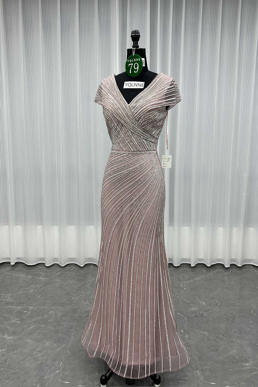 YQLNNE 079 Champagne Crystals Evening Dress Long Formal Gown For Mother of Bride