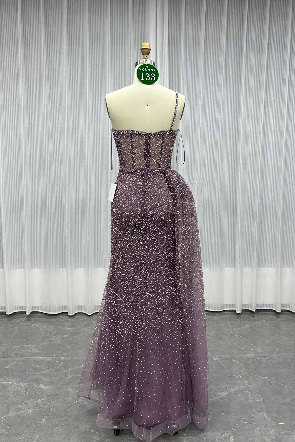 YQLNNE 0133 Rose Gold One Shoulder Crystals Evening Dress With Side Skirt