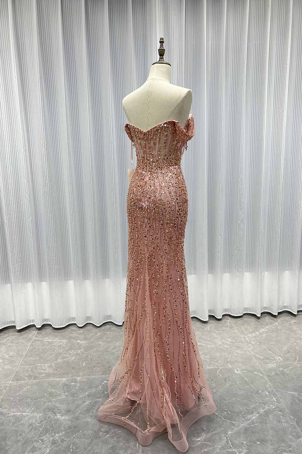 YQLNNE 08 Sliver Off The Shoulder Long Prom Dresses Slit Sequined Beaded Women Party Dress