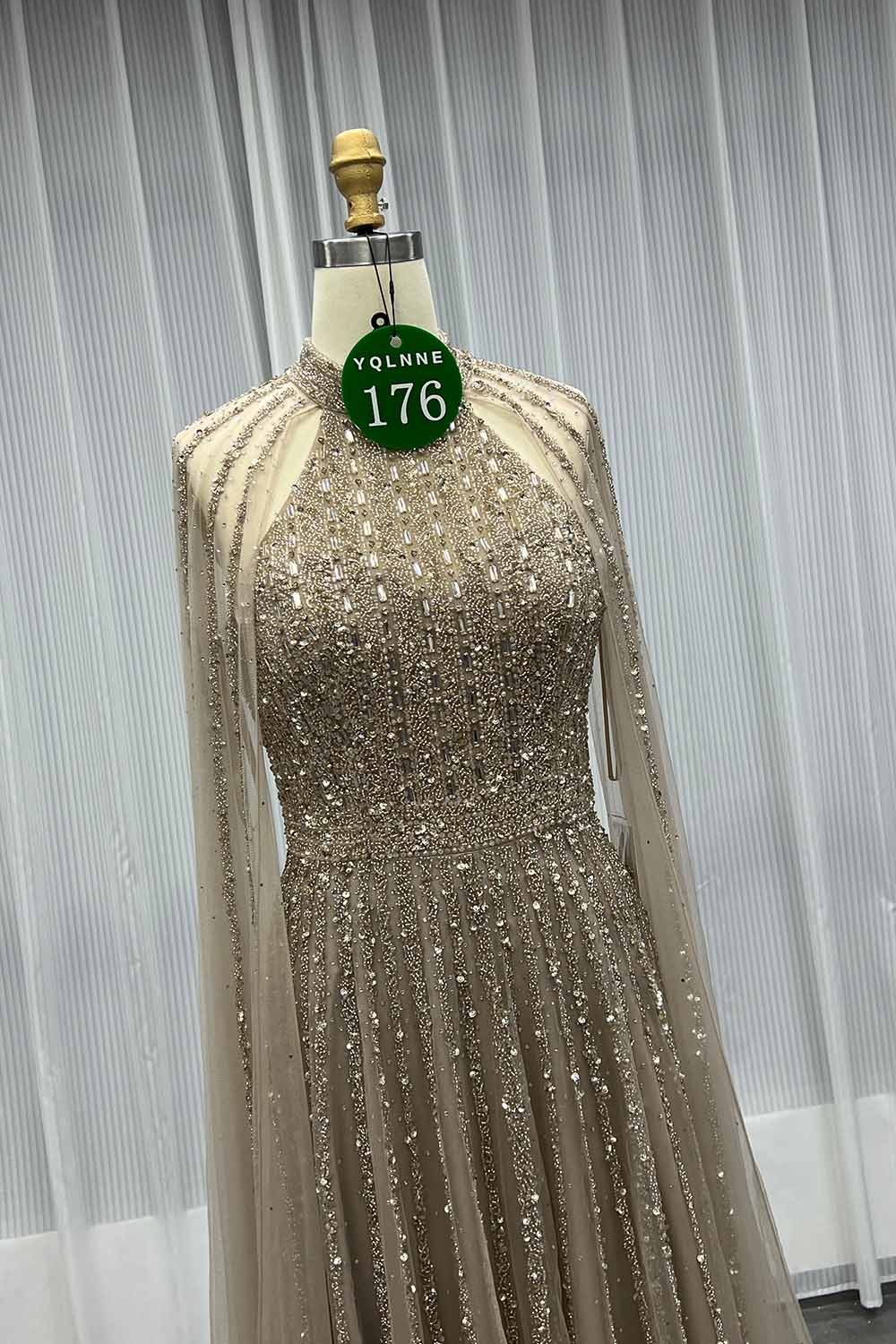 YQLNNE 0176 Sparkly Sage Crystals Evening Dress With Crystals Beaded Cape Sleeves