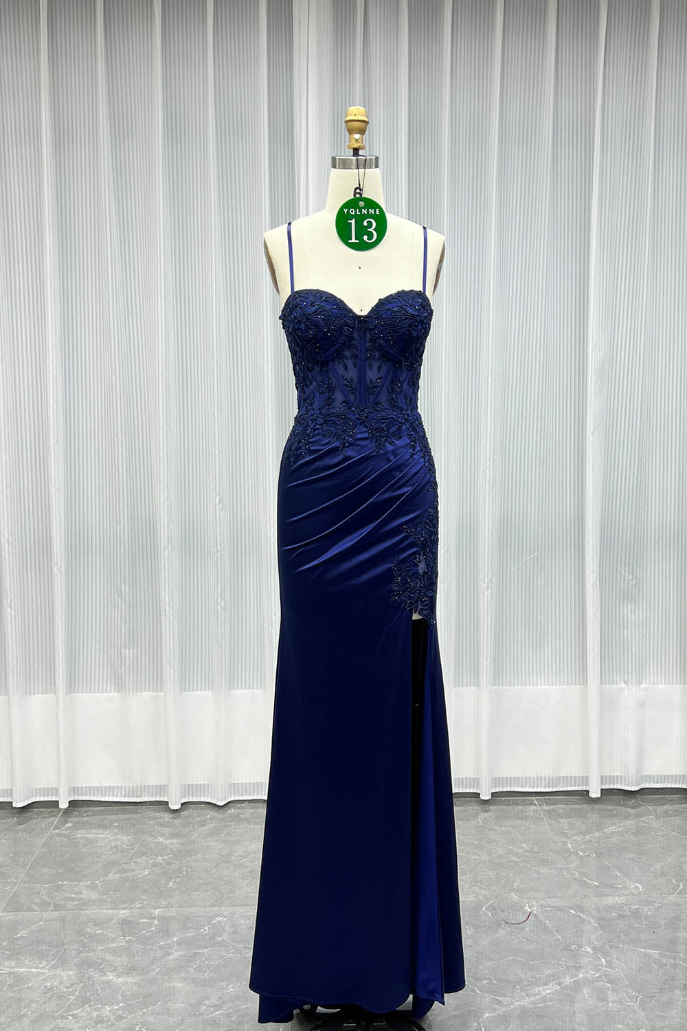 YQLNNE 013 Navy Embroidered Long Slit Prom Dresses
