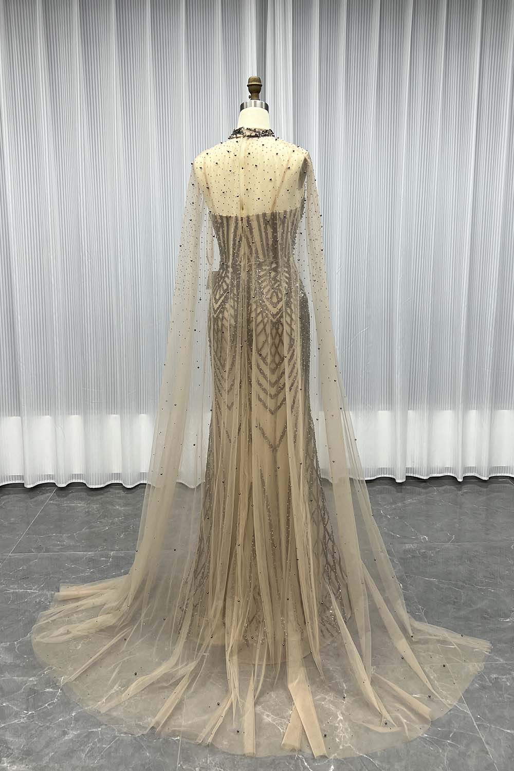 YQLNNE 17009 Silver Straps Long Evening Dress With Cape