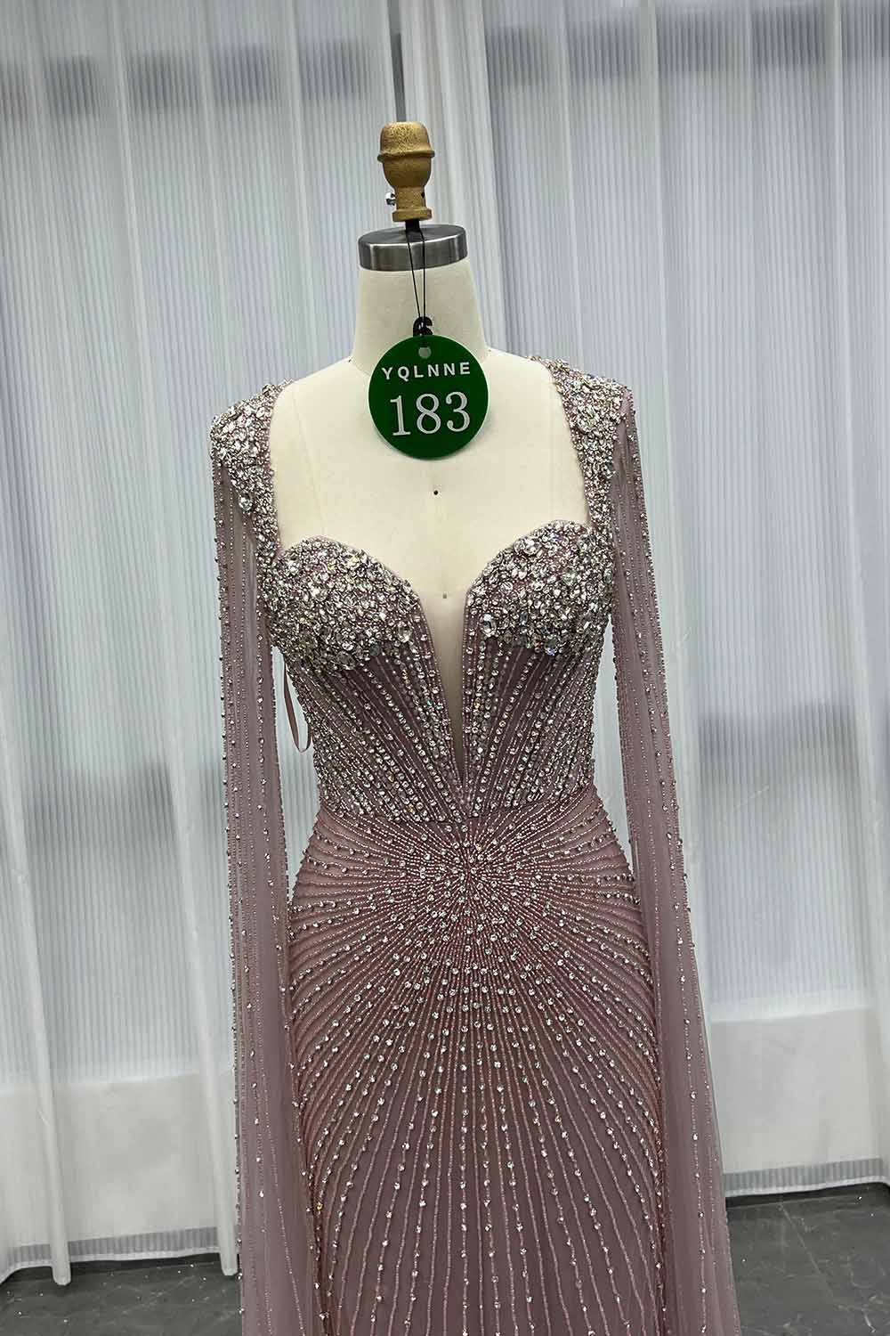 YQLNNE 0183 Luxury Pink Crystals Beaded Evening Dress Long Cape Sleeves
