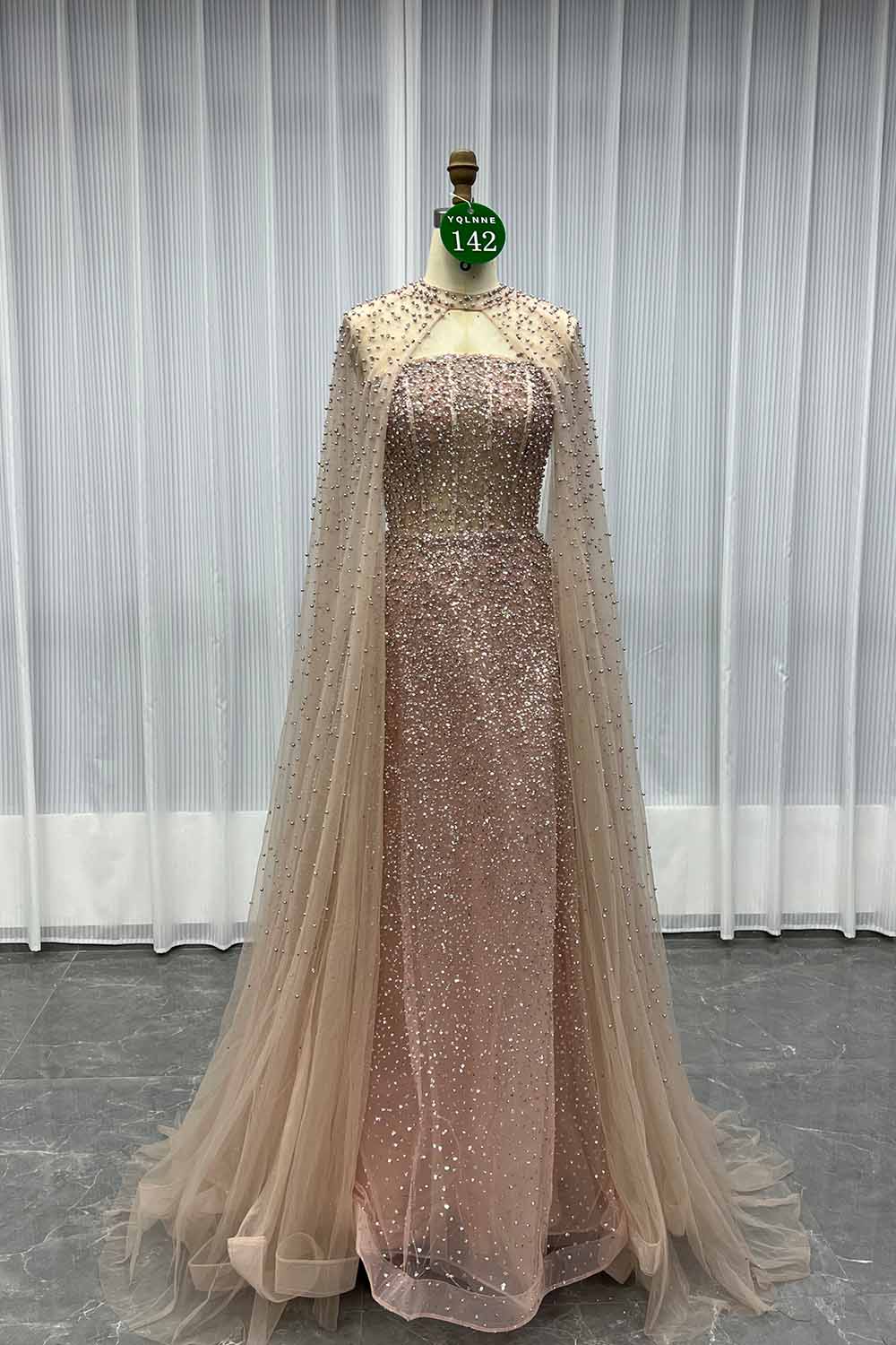 YQLNNE 0142 Rose Gold Ball Gown Evening Dress With Removable Cape Handmade Crystals Beaded
