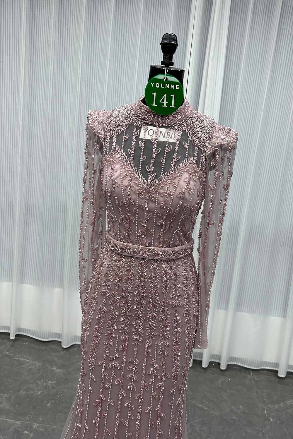 YQLNNE 0141 Modest Pink Full Sleeves Evening Dress Handmade Beaded Pearls Muslim Formal Gown