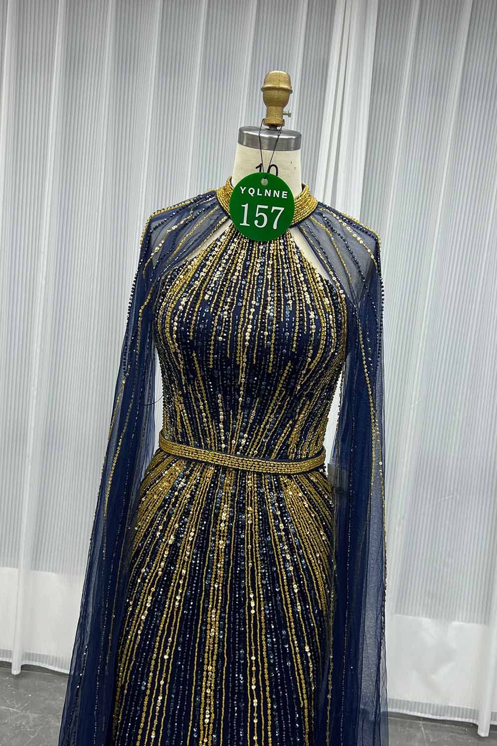 YQLNNE 0157 Navy High Collar Evening Dress With Handmade Crystals Beaded