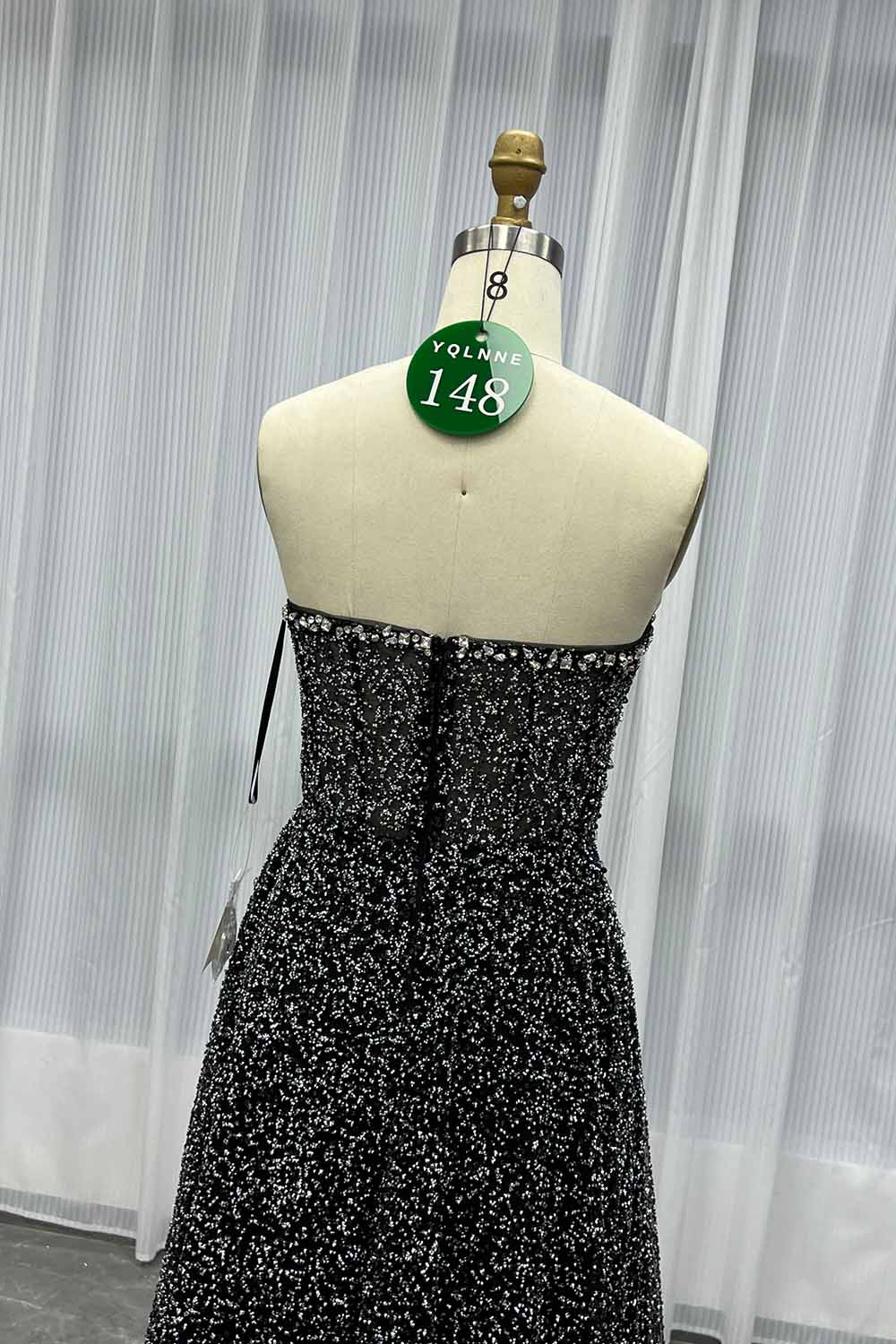 YQLNNE 0148 Black Glitter Crystals Long Prom Dress Aline