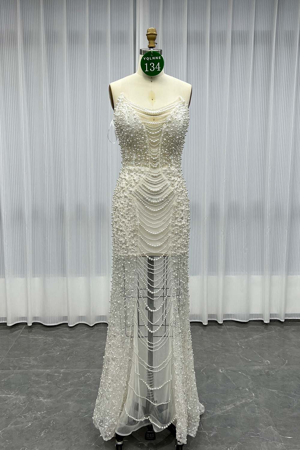 YQLNNE 0134 Black Strapless Beaded Pearls Evening Dress With Removable Sleeves