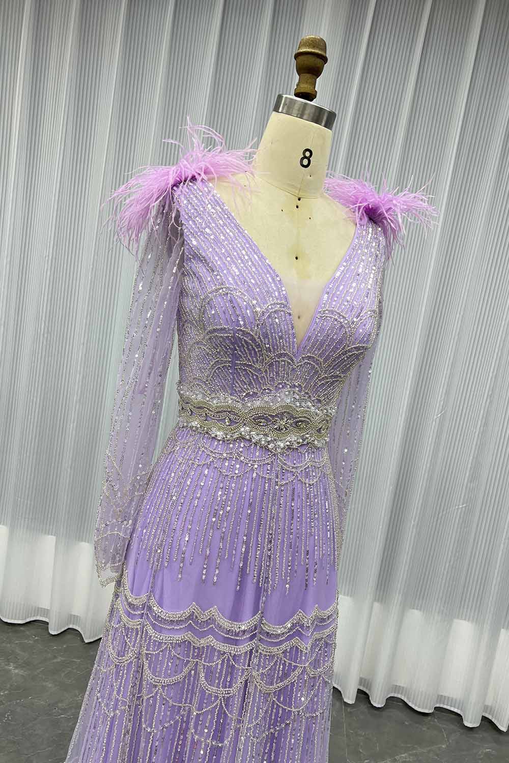 YQLNNE 17007 Muslim Feathers Evening Dress Long Sleeve Women Party Gown