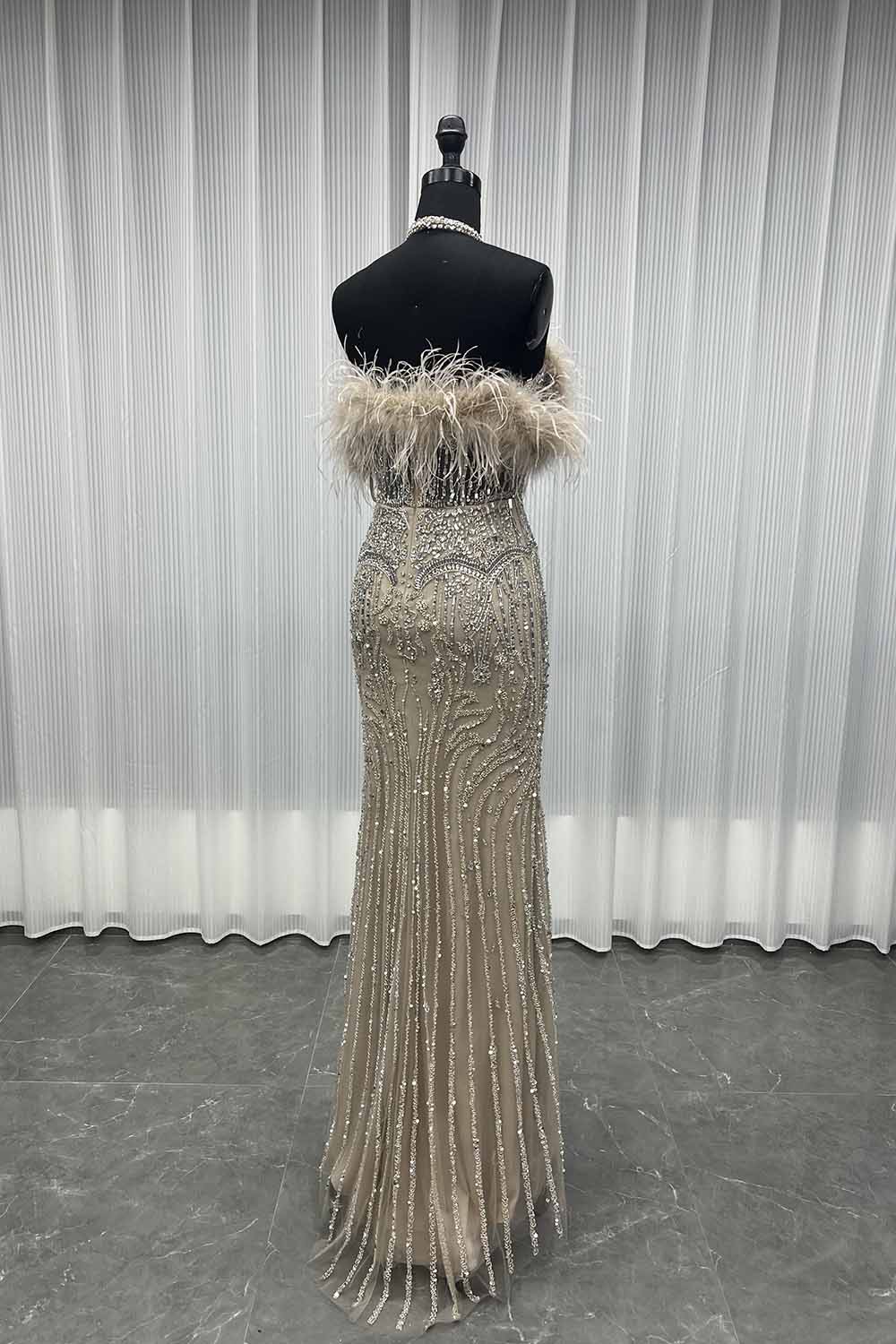 YQLNNE 044 Luxury Nude Feathers Crystals Evening Dress Long Mermaid Pageant Party Gown