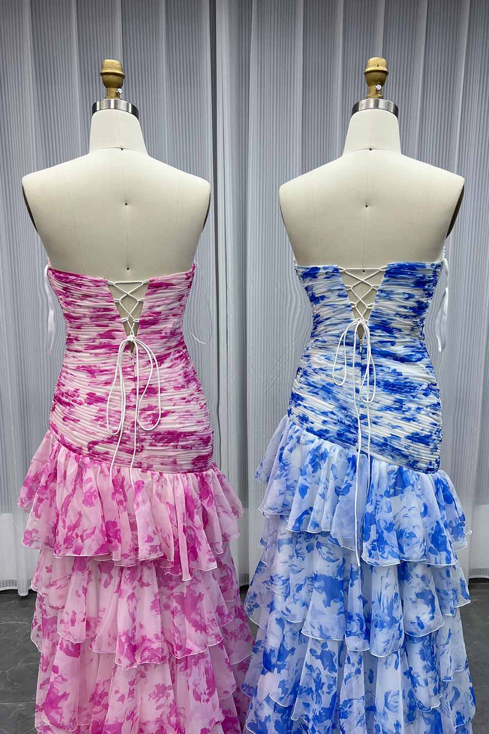 YQLNNE 0122 Pink Print Flowers Long Prom Dress Lace-up