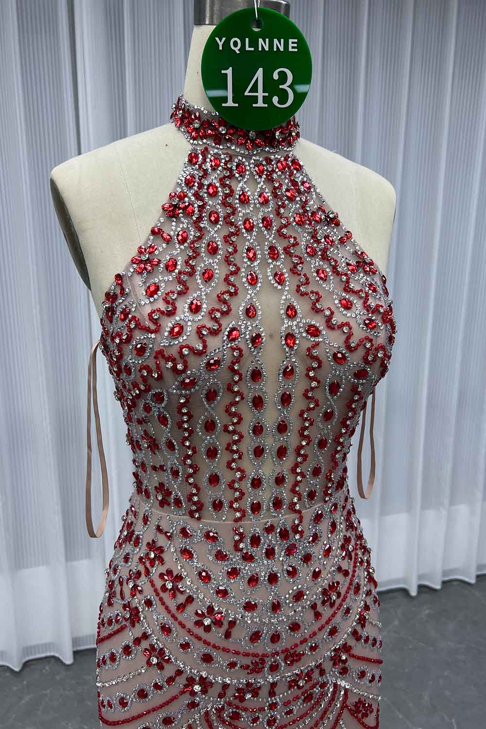 YQLNNE 0143 Red Crystals Beaded Evening Dress Halter Lace-up Back