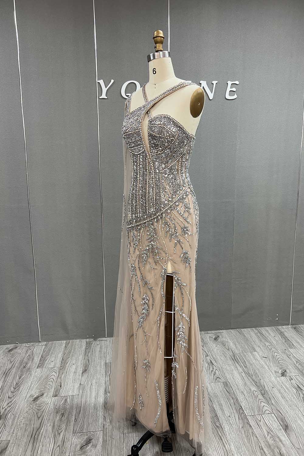 YQLNNE 0139 Luxury Silver Nude Diamonds Evening Gown Pageant Dress
