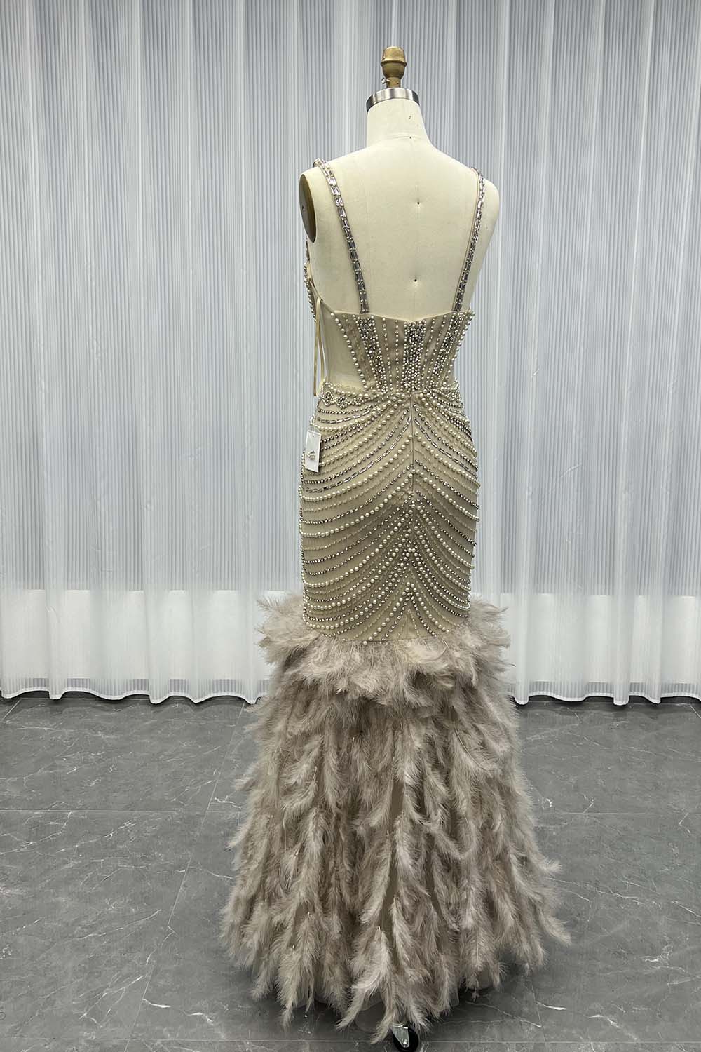 YQLNNE 045 Blue Feathers Crystals Evening Party Gown Mermaid Formal Dress