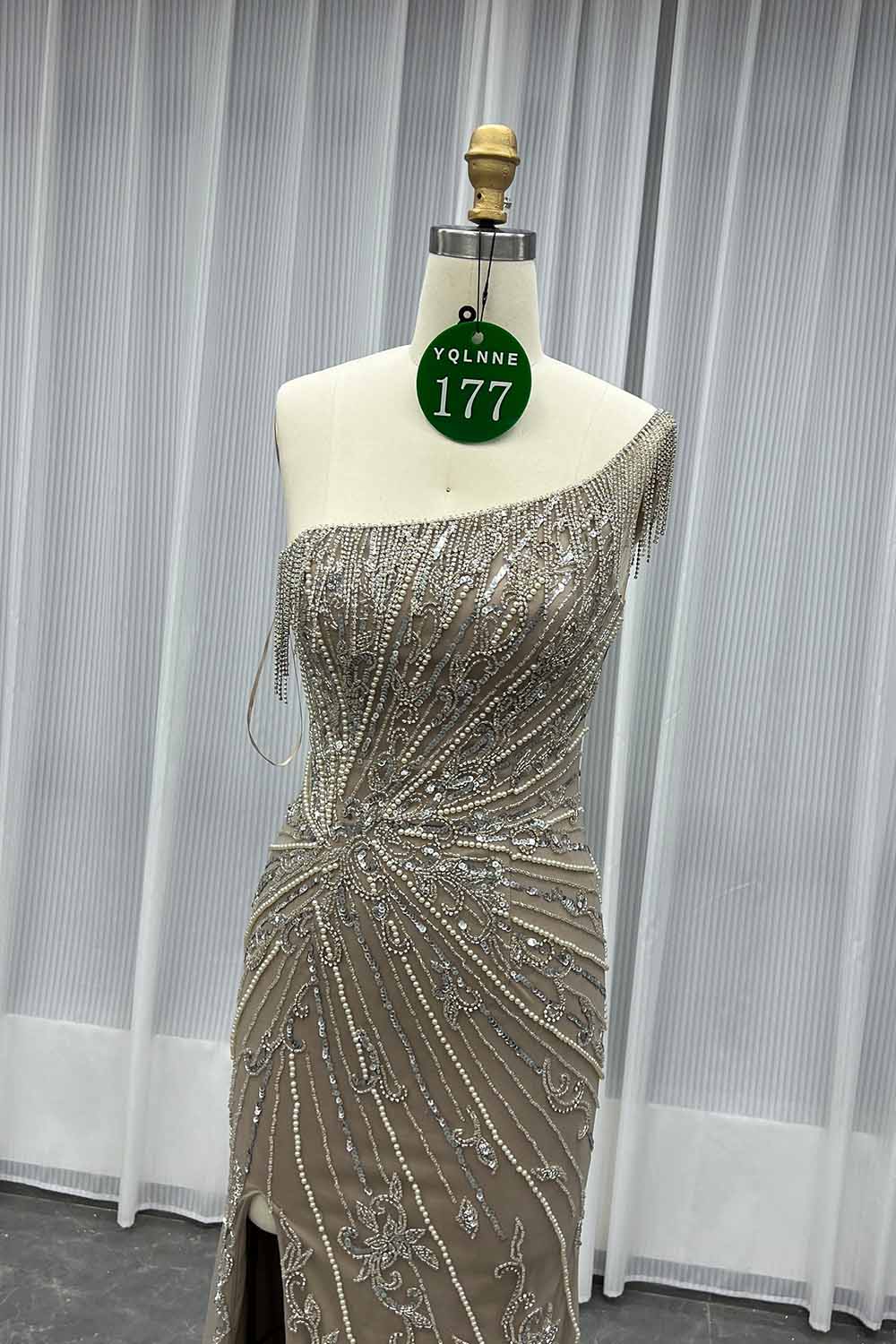 YQLNNE 0177 Blue One Shoulder Slit Evening Dress Handmade Crystals Beaded
