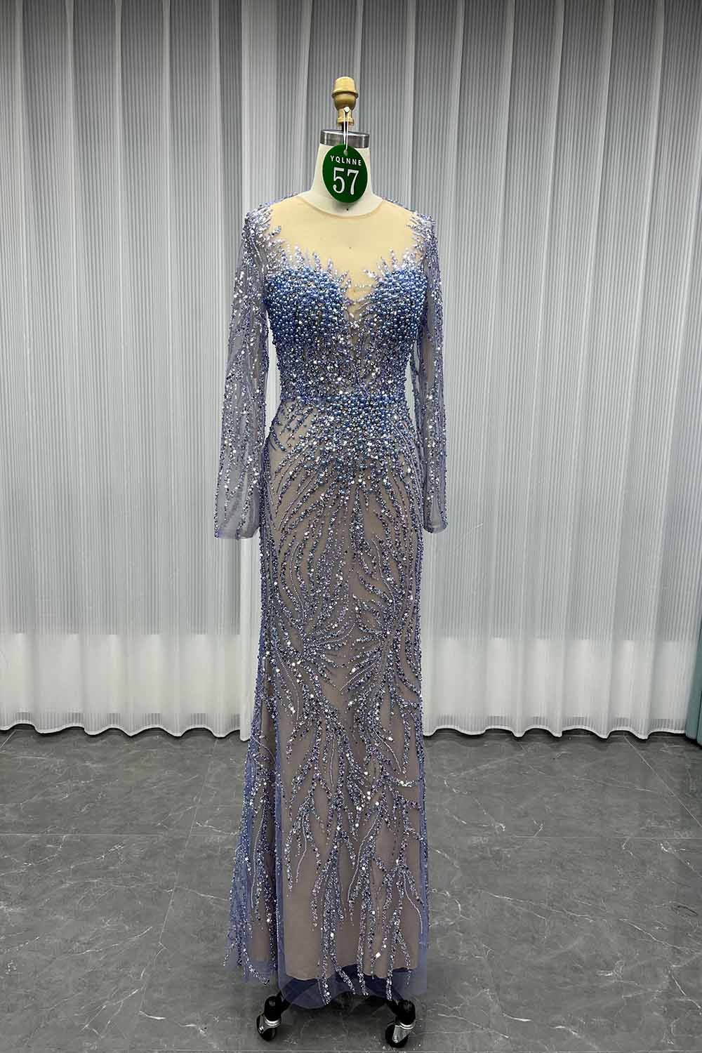 YQLNNE 057 Modest White Pearls Long Sleeves Evening Dress Wedding Party Gown