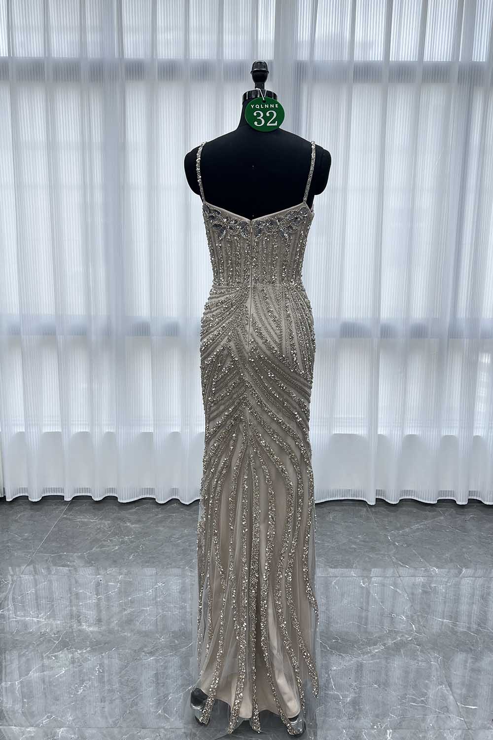 YQLNNE 032 Gold Long Evening Dress Mermaid Handmade Crystals Beaded