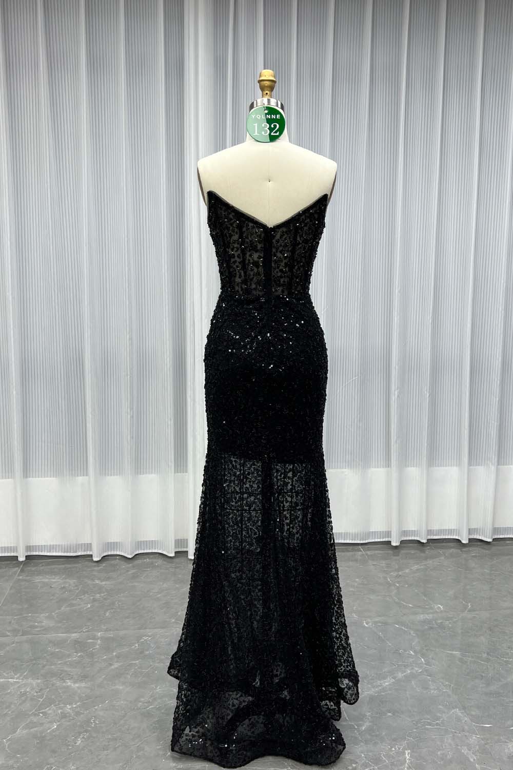 YQLNNE 0132 Black Strapless Beaded Evening Dress With Removable Shawl