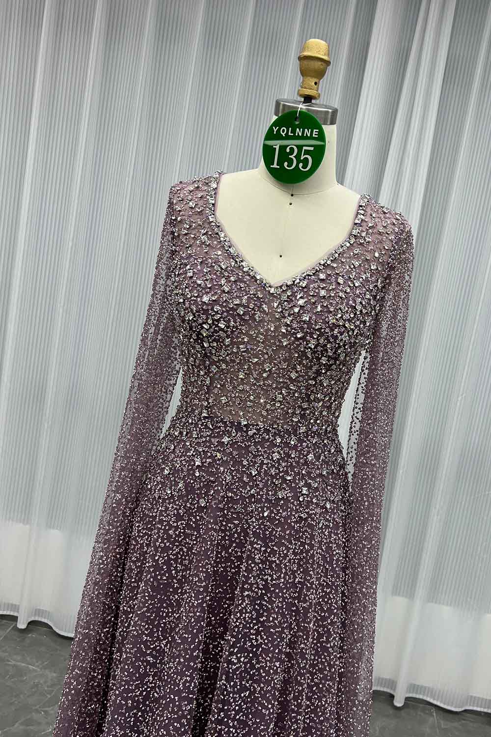YQLNNE 0135 Sparkly Silver Crystals Evening Dresses Cape Sleeves Long Aline Formal Women Party Gown