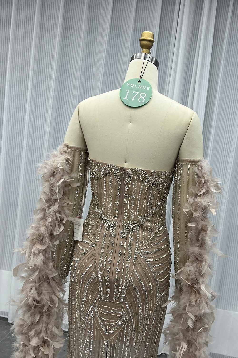 YQLNNE 0178 Pink Feathers Crystals Beaded Evening Dress Mermaid Removable Train
