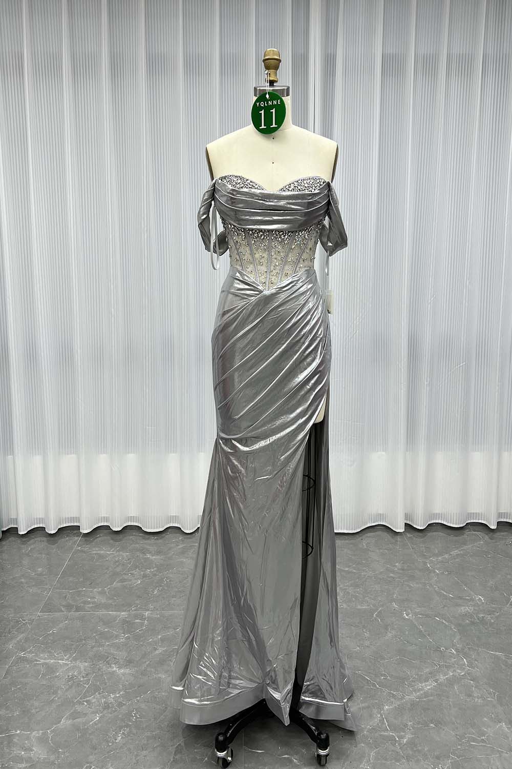 YQLNNE 011 Gold Off the Shoulder Crystals Prom Dresses Long Mermaid Party Gown