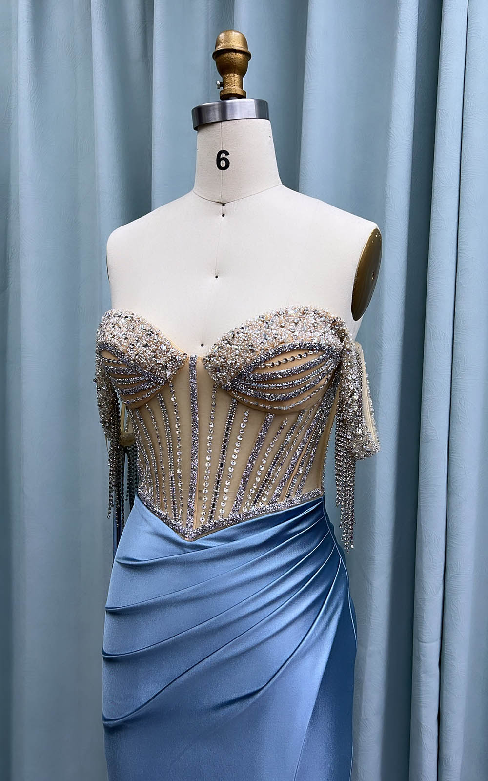 YQLNNE 010 Blue Satin Crystals Prom Dresses Long Slit Off the Shoulder Evening Party Gown