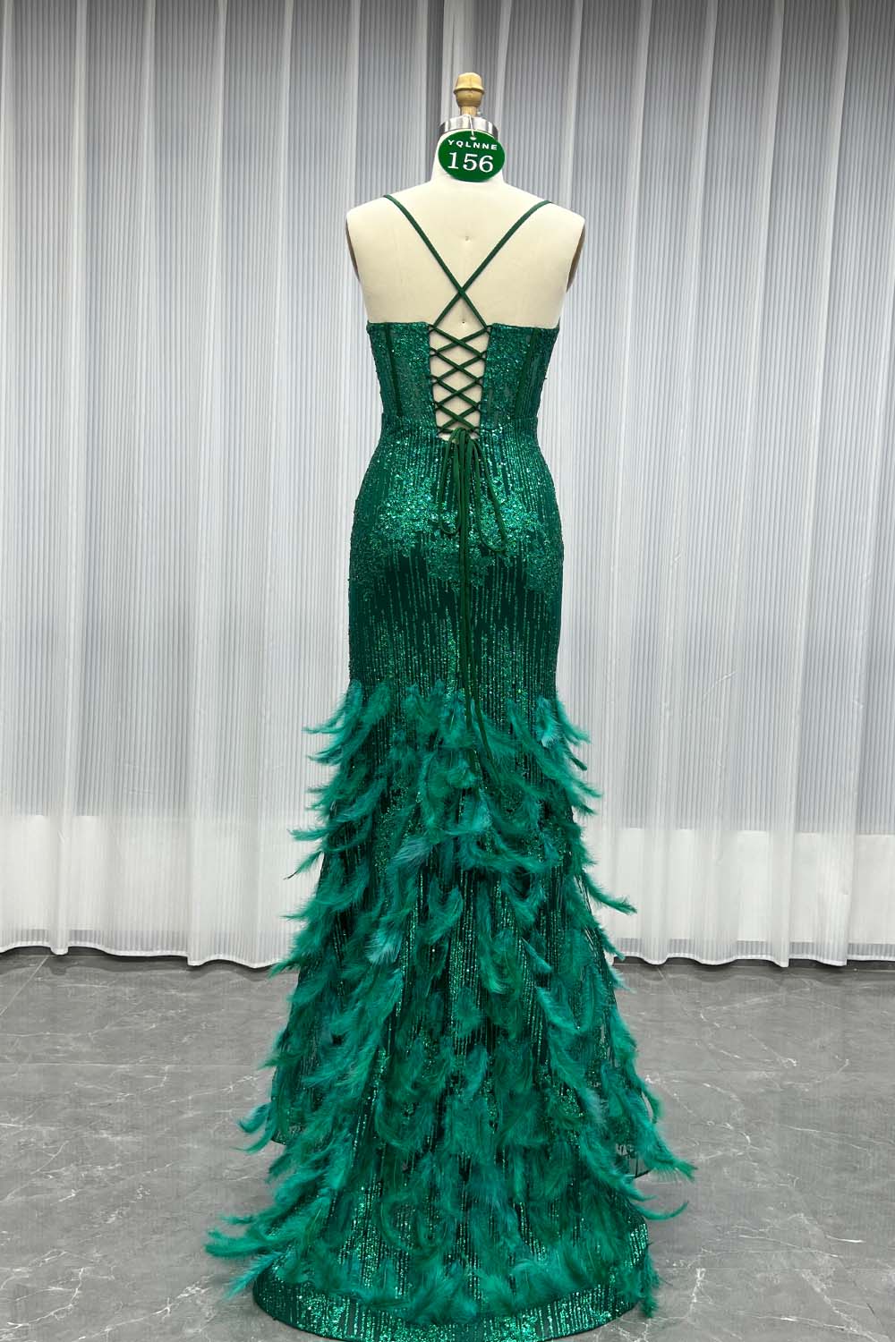 YQLNNE 0156 Sparkly Green Glitter Feathers Prom Dresses Lace-up Party Gown