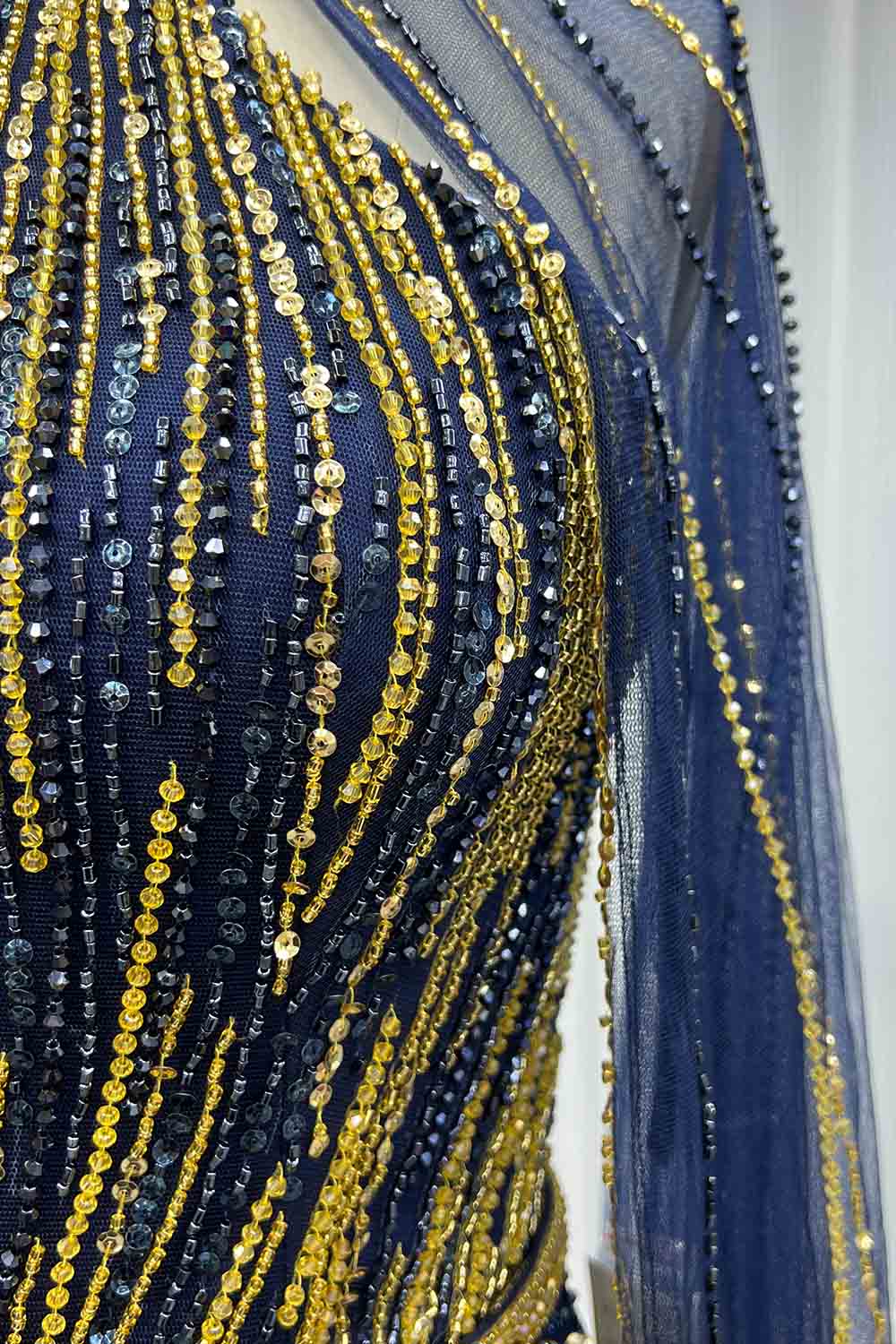 YQLNNE 0157 Navy High Collar Evening Dress With Handmade Crystals Beaded