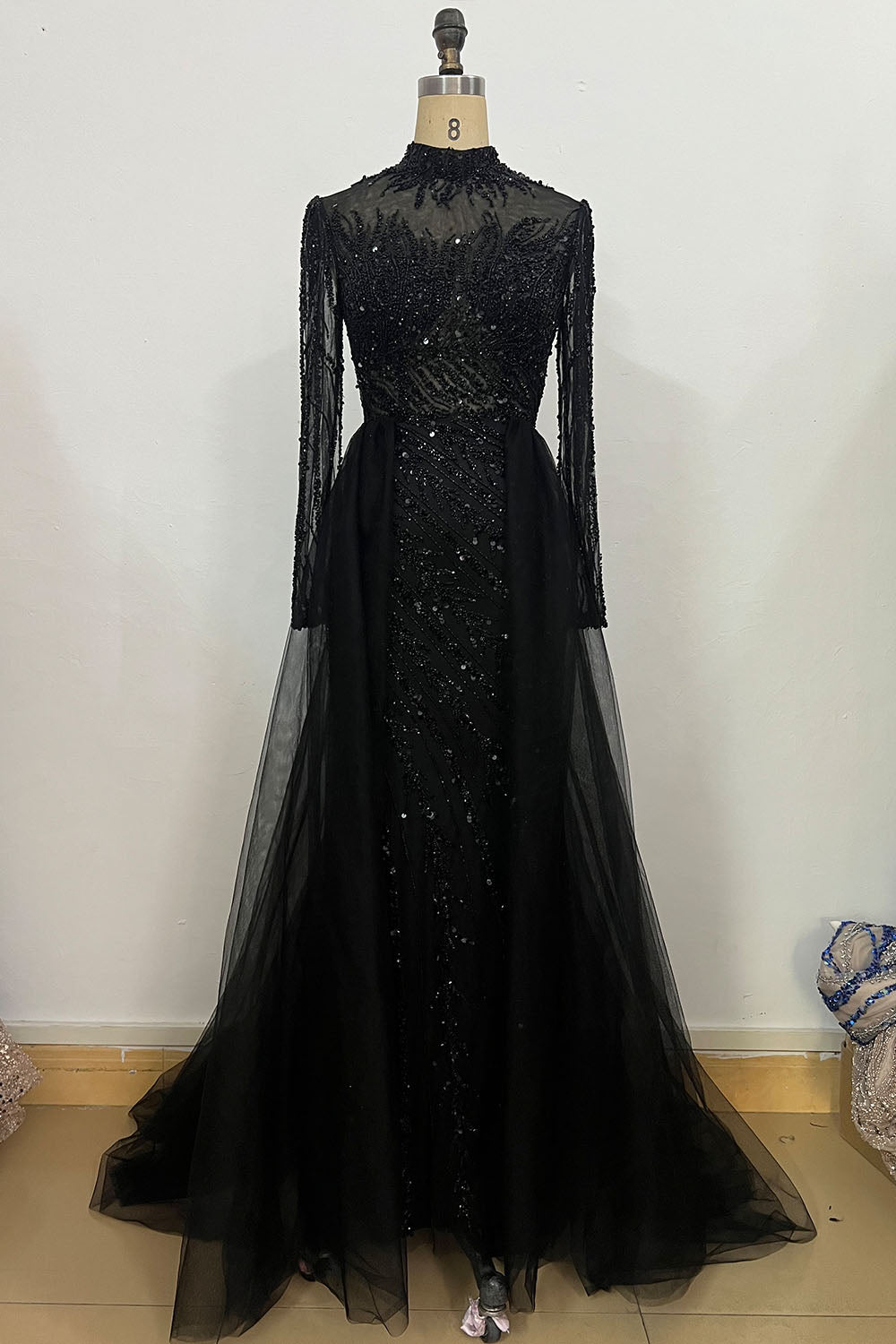 YQLNNE 052 Nude Long Sleeves Beaded Evening Dress With Removable Skirt