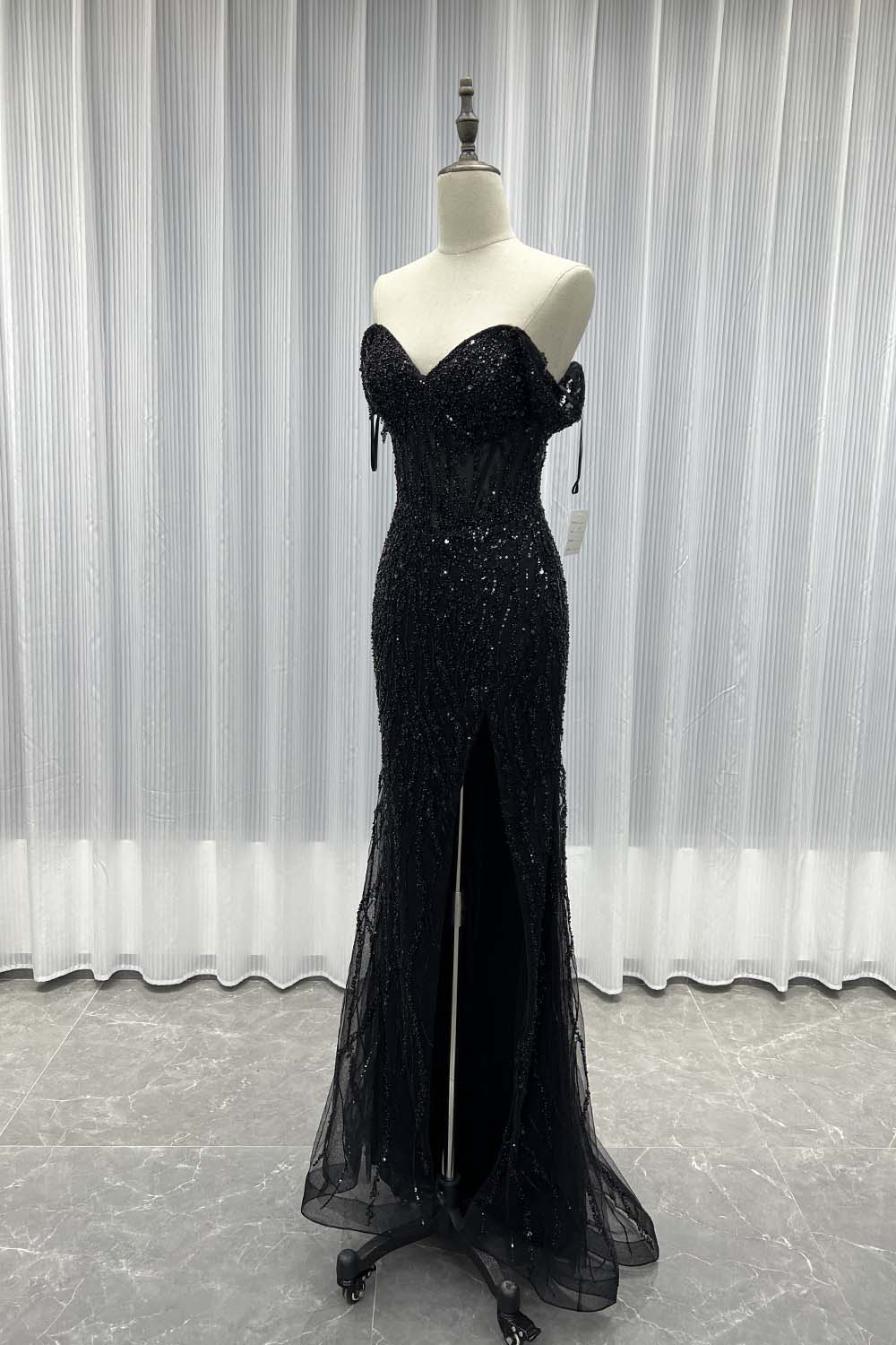 YQLNNE 08 Sliver Off The Shoulder Long Prom Dresses Slit Sequined Beaded Women Party Dress