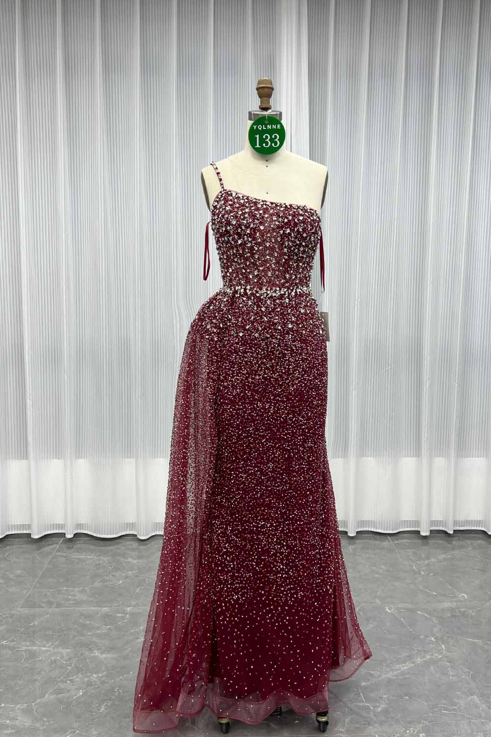 YQLNNE 0133 Rose Gold One Shoulder Crystals Evening Dress With Side Skirt