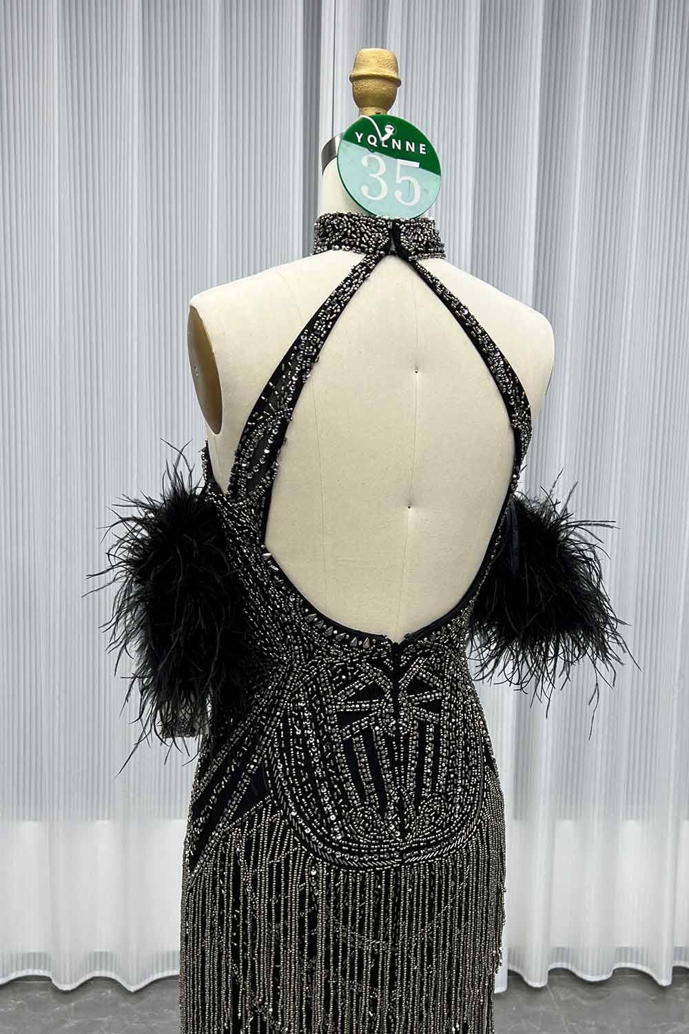 YQLNNE 035 Burgundy Feathers Slit Evening Dress With Handmade Crystals Beaded