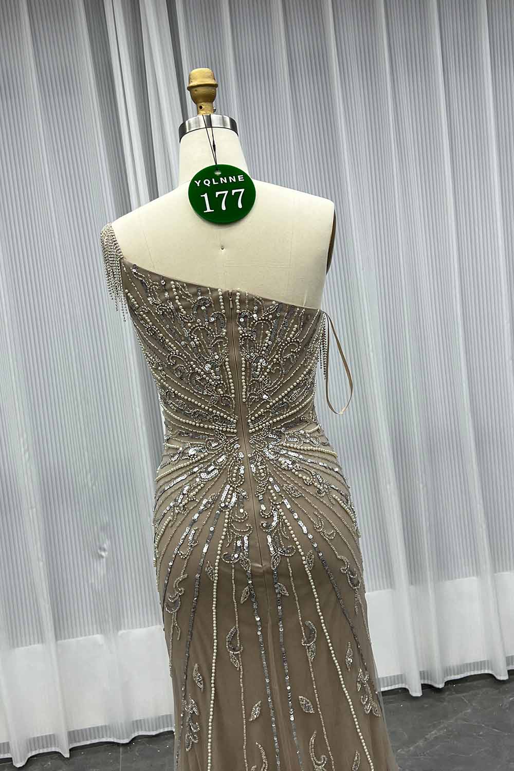 YQLNNE 0177 Blue One Shoulder Slit Evening Dress Handmade Crystals Beaded