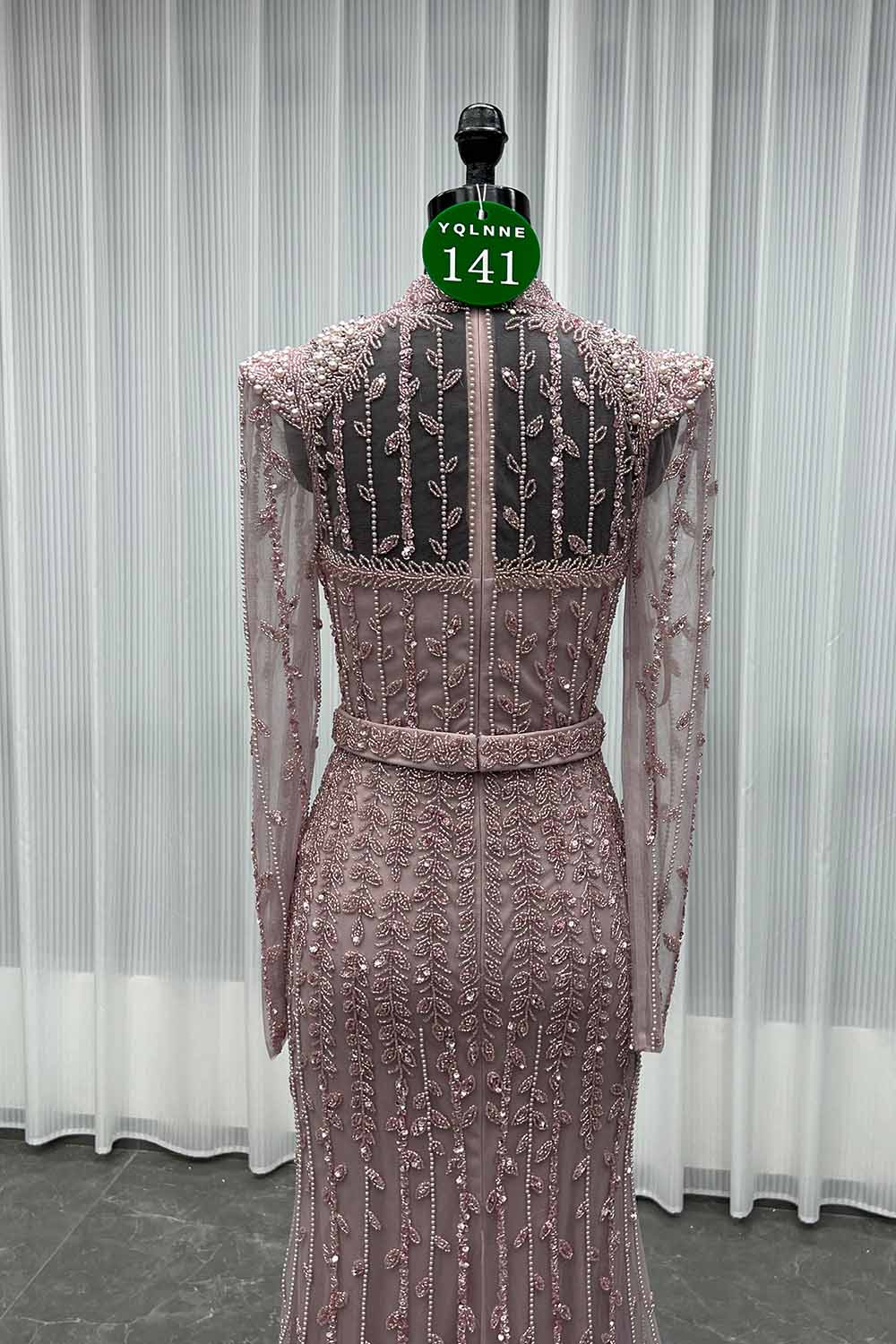 YQLNNE 0141 Modest Pink Full Sleeves Evening Dress Handmade Beaded Pearls Muslim Formal Gown