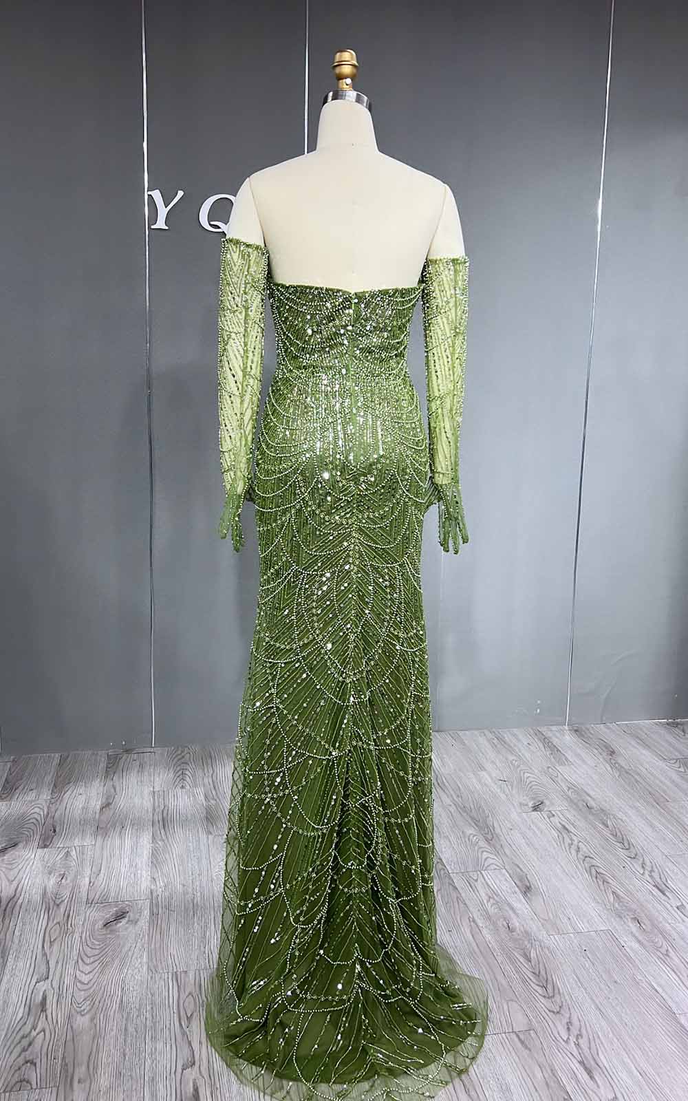 YQLNNE 076 Greenery Beading Evening Dress Mermaid Formal Gown With Gloves