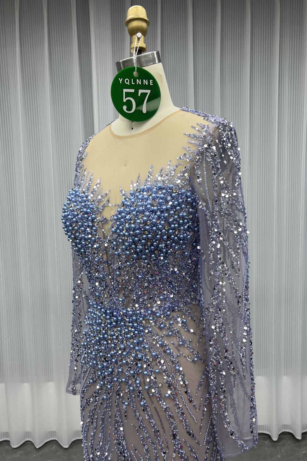 YQLNNE 057 Modest White Pearls Long Sleeves Evening Dress Wedding Party Gown