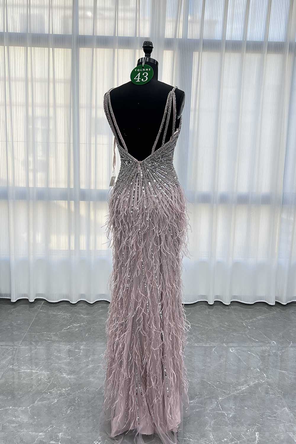 YQLNNE 043 Beige Feathers Long Crystals Evening Dress With Slit